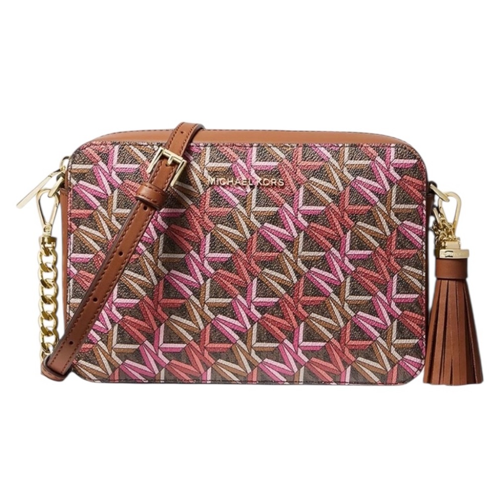 •NWOT Michael Kors Jet Set Brown Pink Red MK Monogram Medium Logo Camera Bag